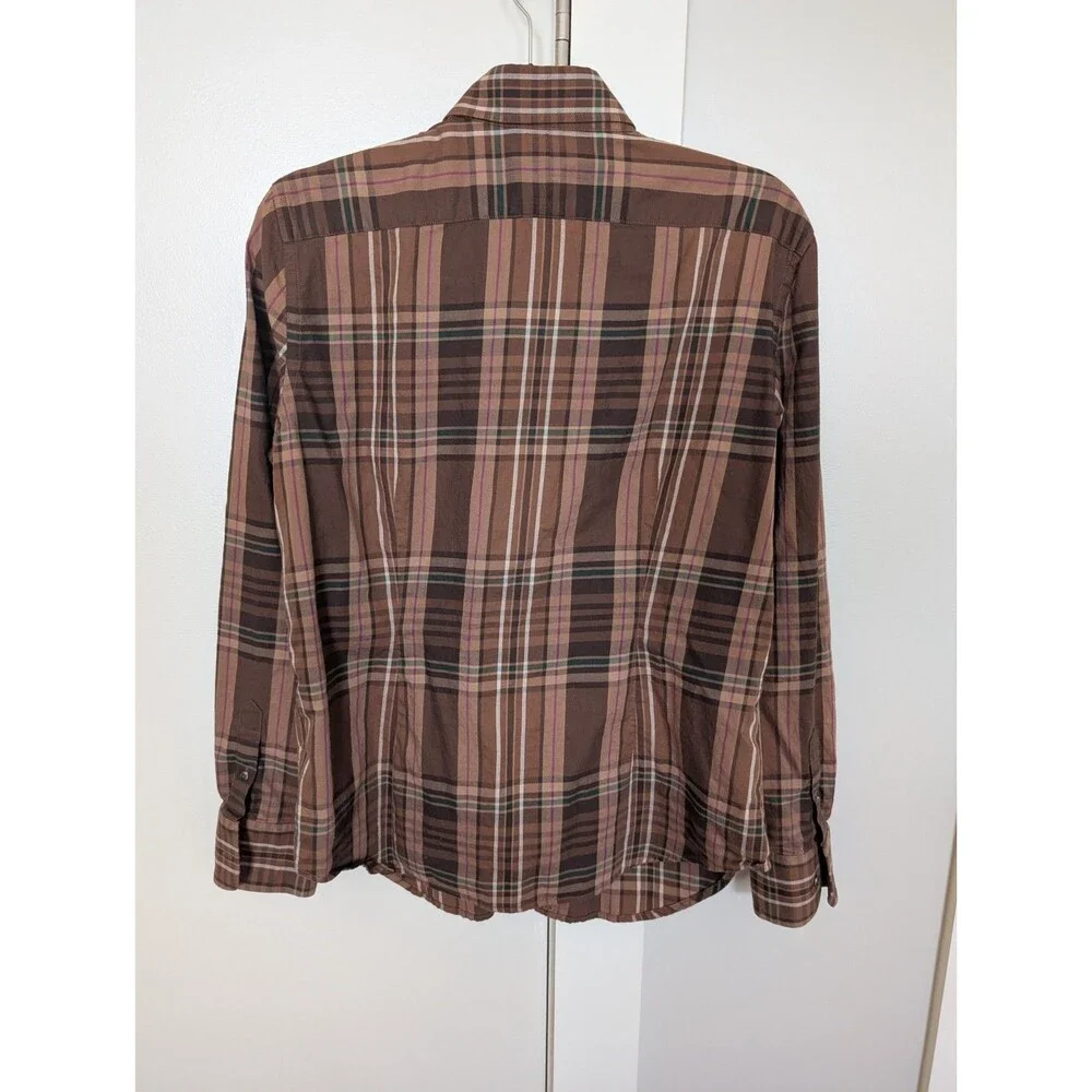 Lauren Ralph Lauren Plaid Ruffles Cotton Button Down Shirt Brown L